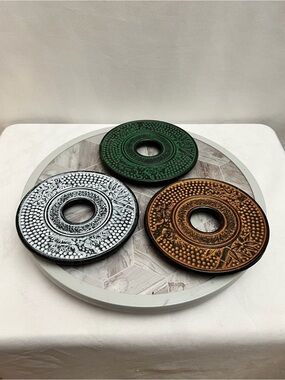 Set of 3 Cast Iron Trivets Round Green White Bronze Decorative 6 Inch